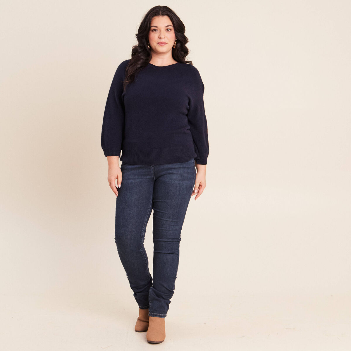 Pull droit col rond manches 3/4 bleu marine femme