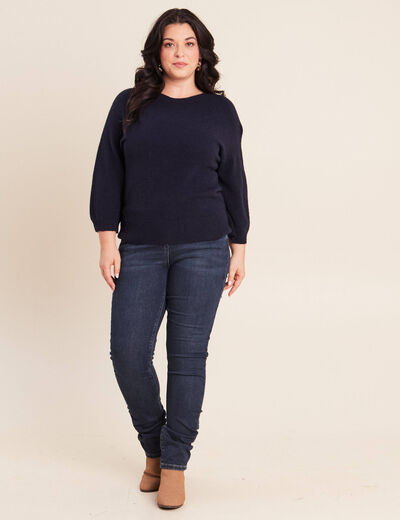 Pull droit col rond manches 3/4 bleu marine femme