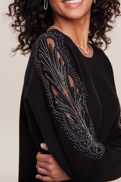 Pull manches longues strass noir femme