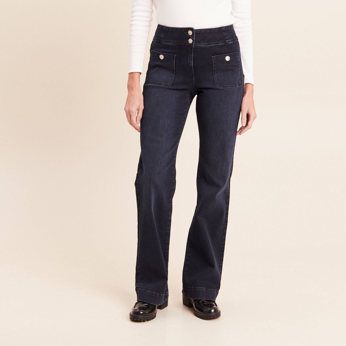 Jean coupe bootcut taille haute denim blue black femme