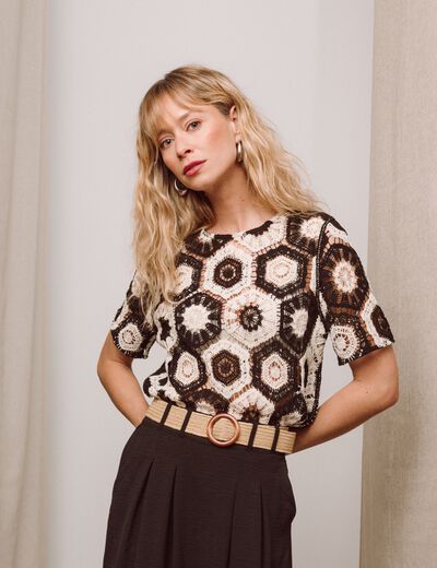 Blouse col rond manches courtes dentelle ecru femme