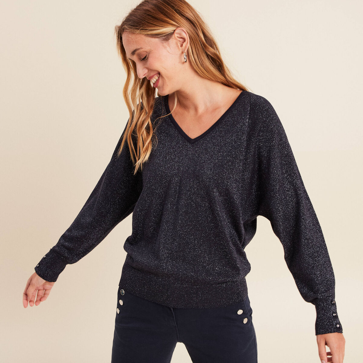 Pull manches longues bleu fonc&eacute; femme