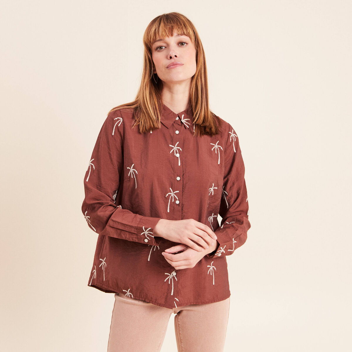 Chemise fluide brod&eacute;e manches longues marron femme