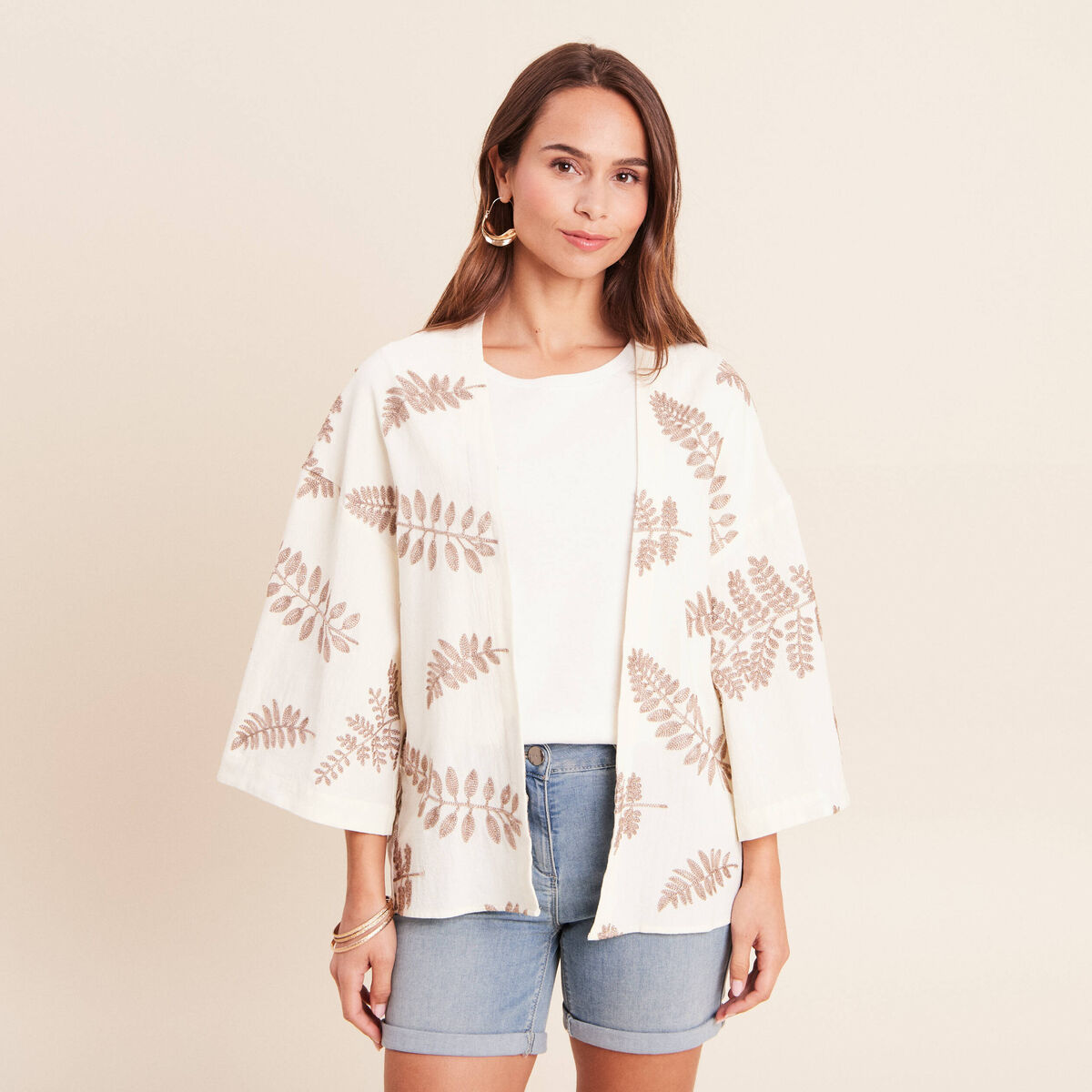 Kimono brod&eacute; manches 3/4 ecru femme
