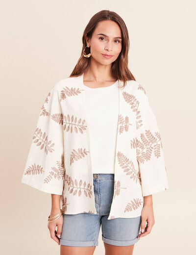 Kimono brod&eacute; manches 3/4 ecru femme