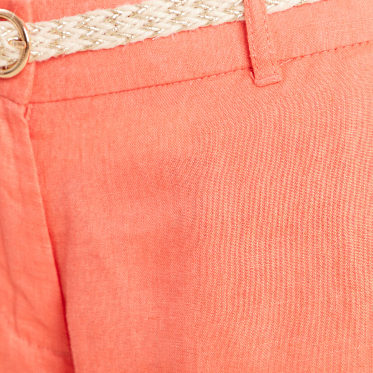 Pantalon coupe chino en lin ceintur&eacute; orange fluo femme