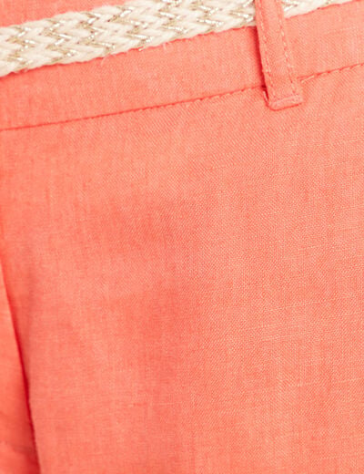 Pantalon coupe chino en lin ceintur&eacute; orange fluo femme