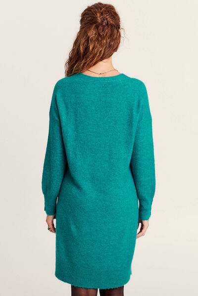 Robe pull droite col en V vert canard femme