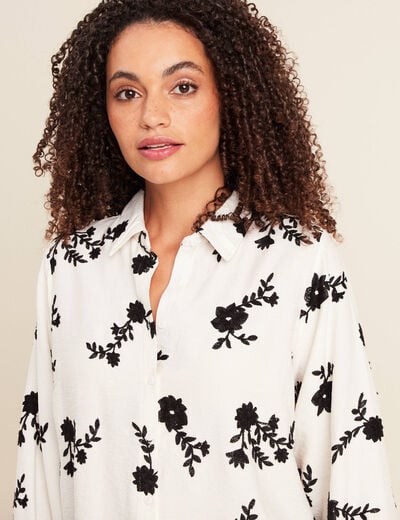 Chemise fluide brod&eacute;e manches longues blanc femme