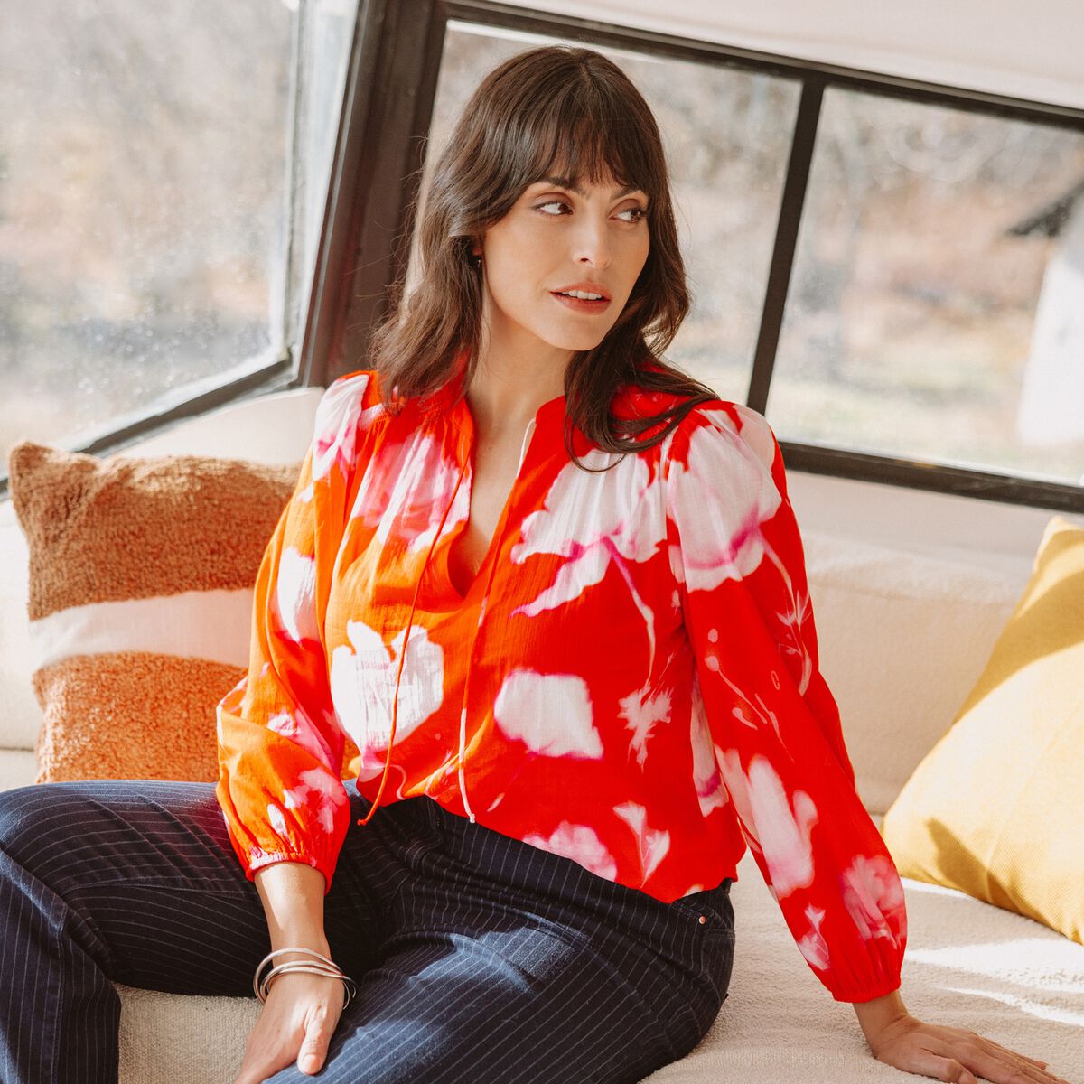 Blouse ample en voile manches longues rouge femme