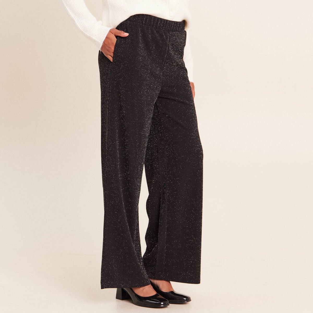 Pantalon large taille haute noir femme