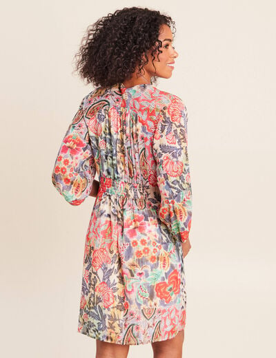 Robe courte &eacute;vas&eacute;e col v manches 3/4 multicolore femme