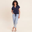 T-shirt col tunisien manches courtes bleu marine femme