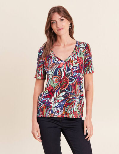 T-shirt col V manches courtes bordeaux femme