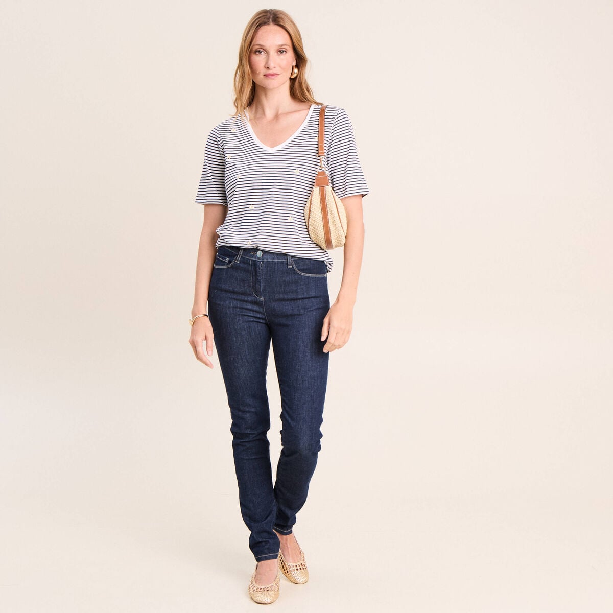 T-shirt droit broderie manches courtes bleu femme
