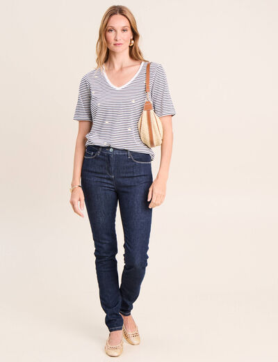 T-shirt droit broderie manches courtes bleu femme