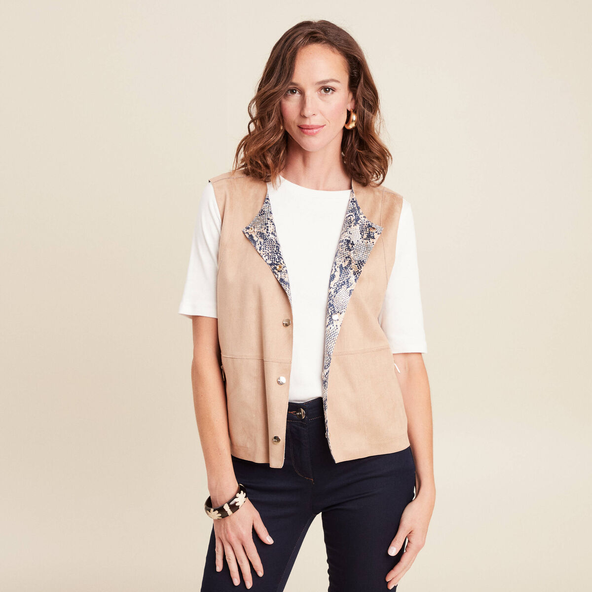 Veste r&eacute;versible cintr&eacute;e sans manches beige femme