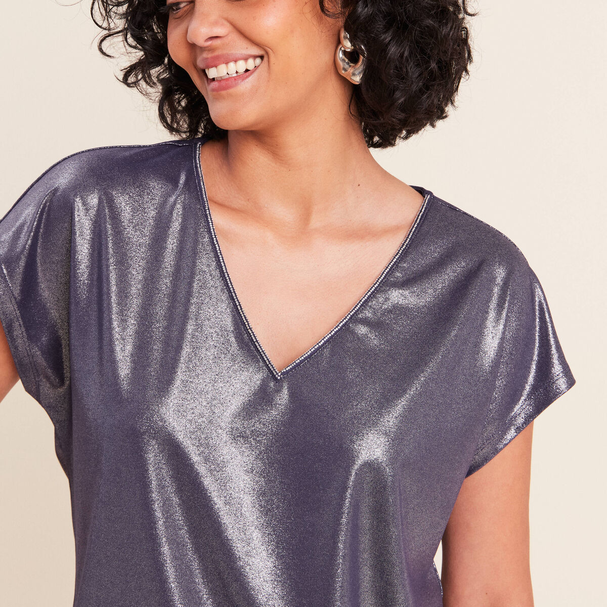 T-shirt col V manches courtes bleu marine femme