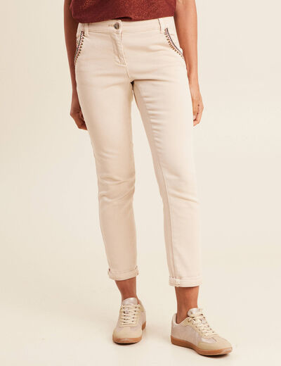 Pantalon chino brodé 7/8ème denim beige femme