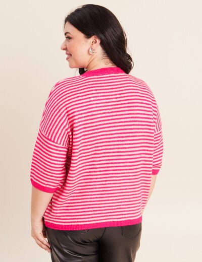 Pull droit col rond manches 3/4 rose femme