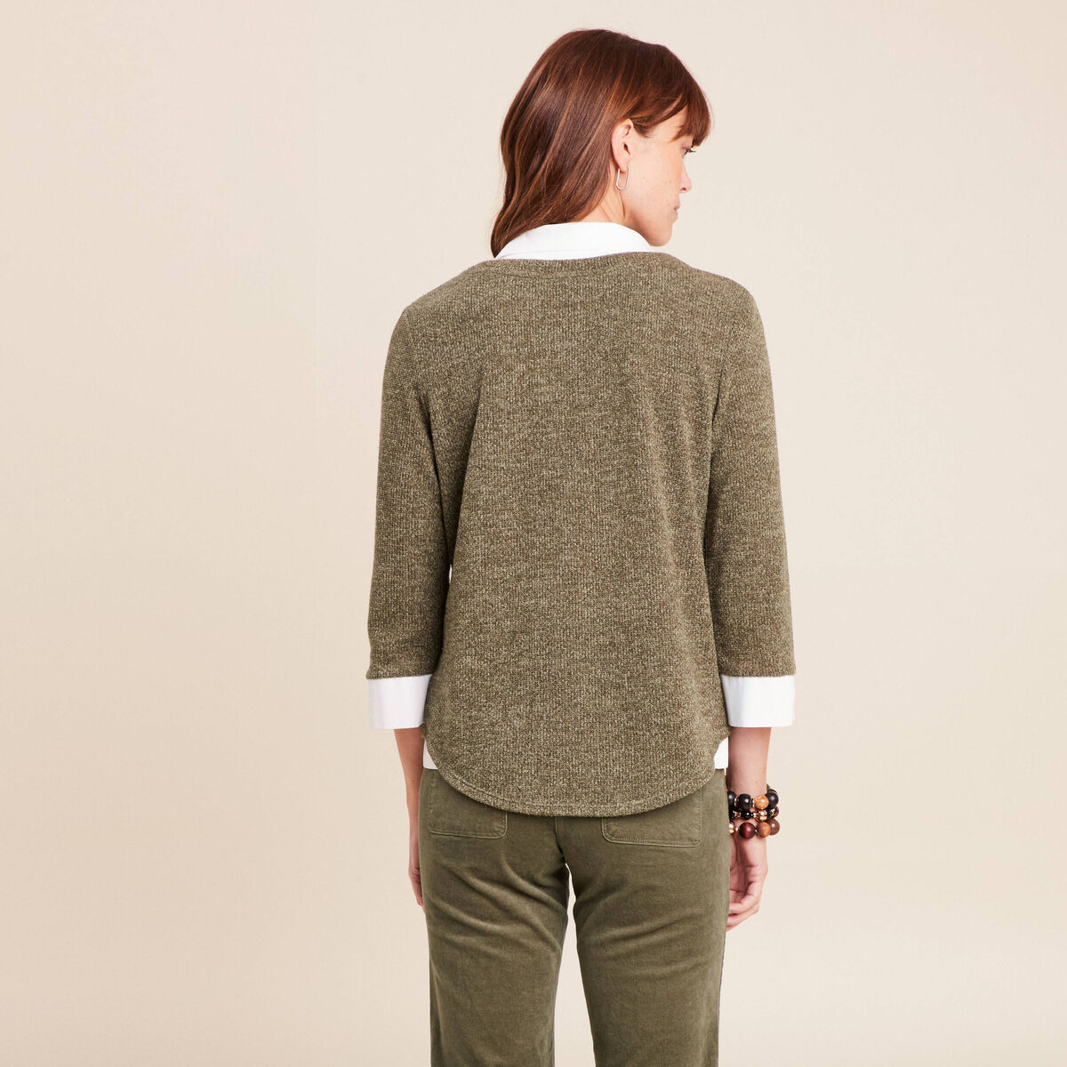 T-shirt col chemise manches 3/4 vert kaki femme