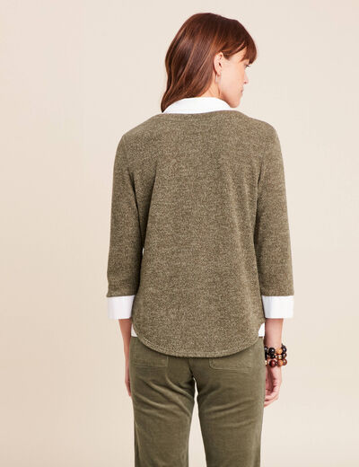 T-shirt col chemise manches 3/4 vert kaki femme