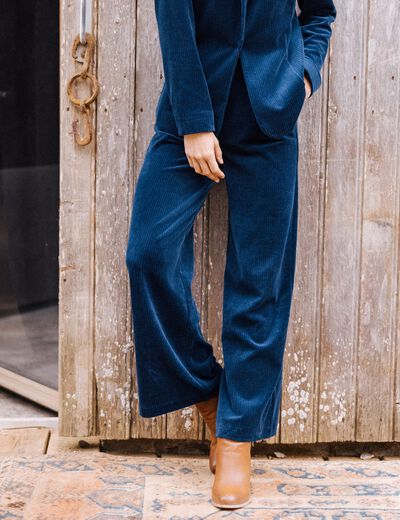 Pantalon large velours bleu marine femme