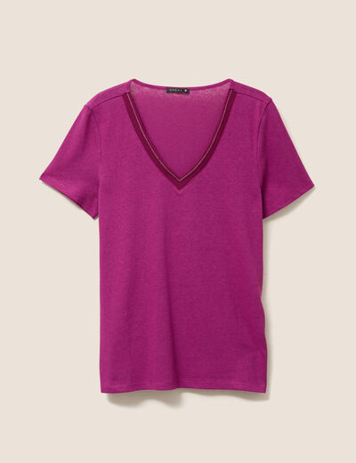 T-shirt manches courtes col en V violet femme