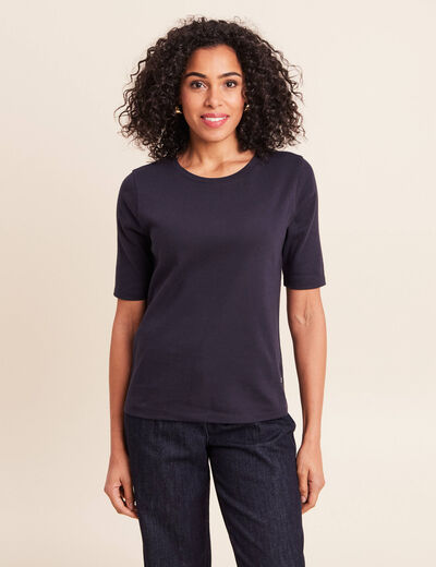 T-shirt ajust&eacute; col rond manches coudes bleu fonc&eacute; femme