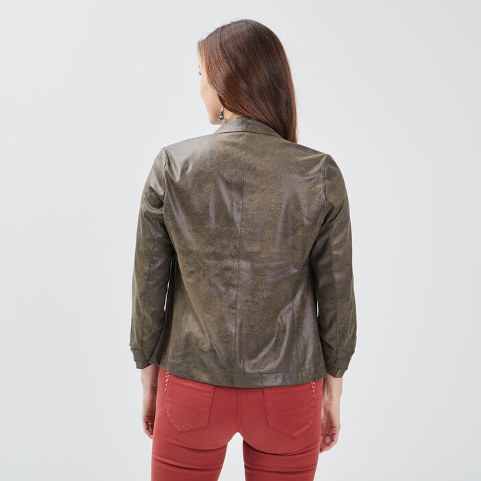 Veste droite col châle vert kaki femme