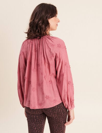 Blouse ample manches longues brod&eacute;e mauve femme