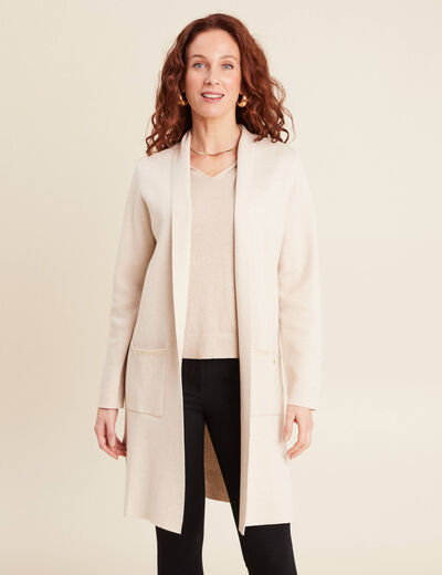 Gilet long manches longues creme femme