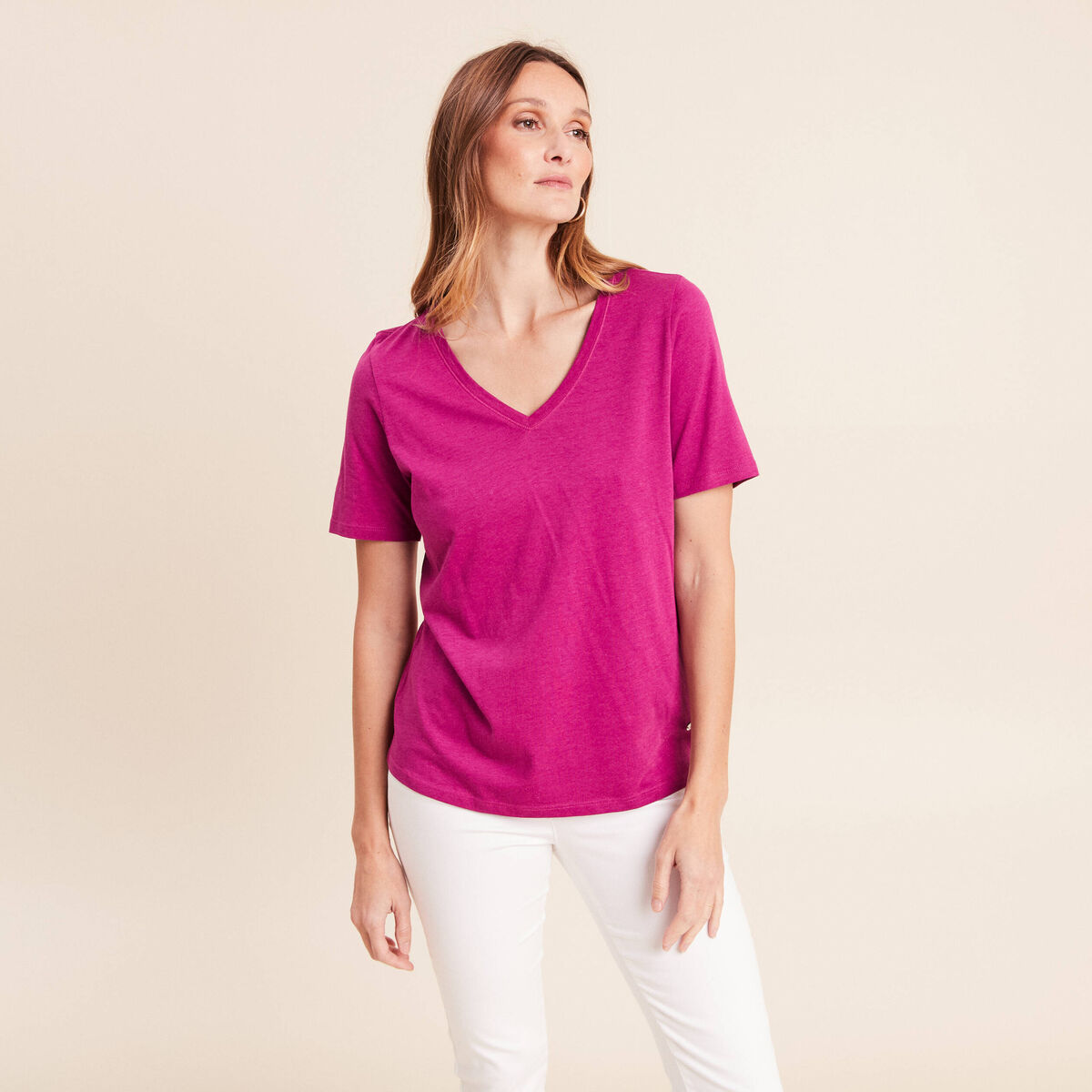 T-shirt col v manches courtes violet femme