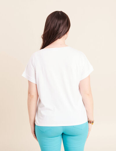 T-shirt col rond manches courtes brod&eacute; blanc femme