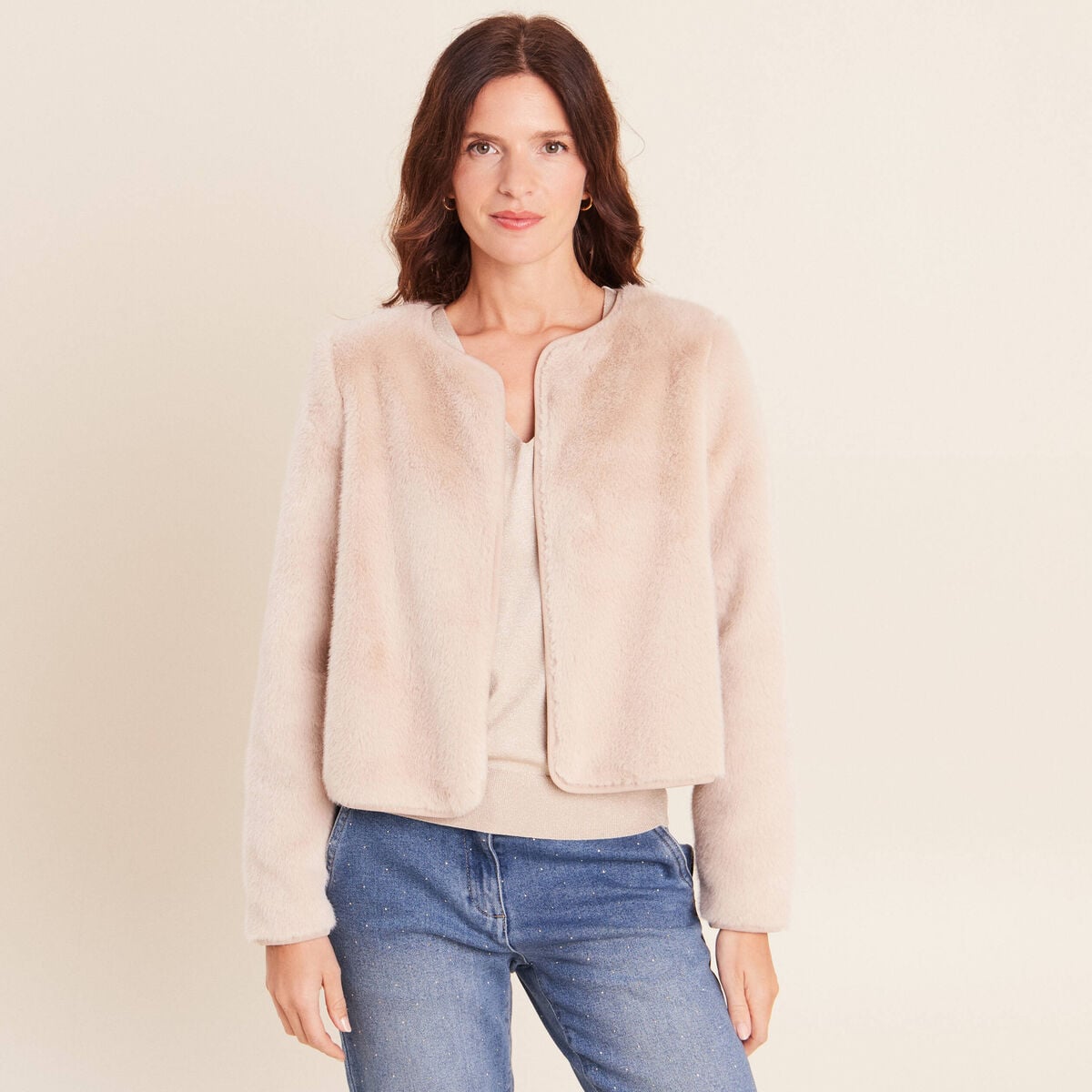 Veste manches longues fausse fourrure sable femme