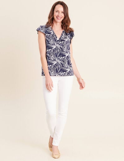 T-shirt col v manches courtes bleu femme