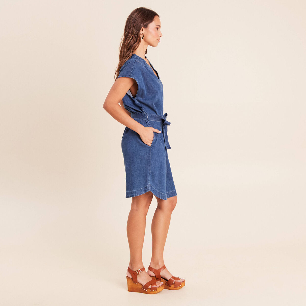 Robe droite courte manches tr&egrave;s courtes denim double stone femme