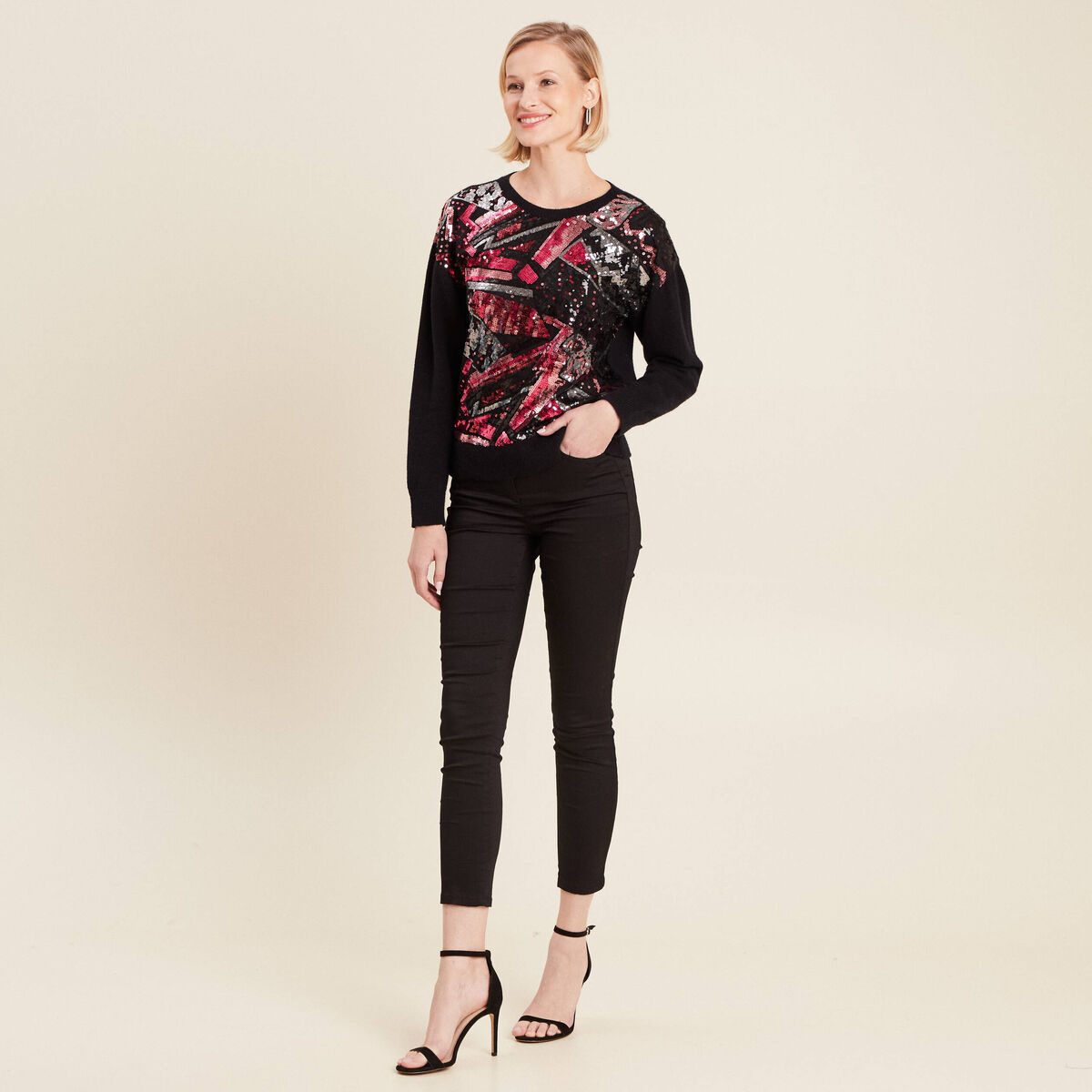 Pull manches longues sequins noir femme
