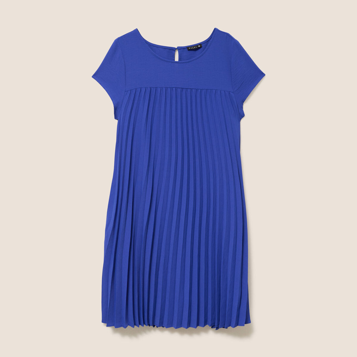 Robe courte &eacute;vas&eacute;e pliss&eacute;e col rond bleu fonc&eacute; femme