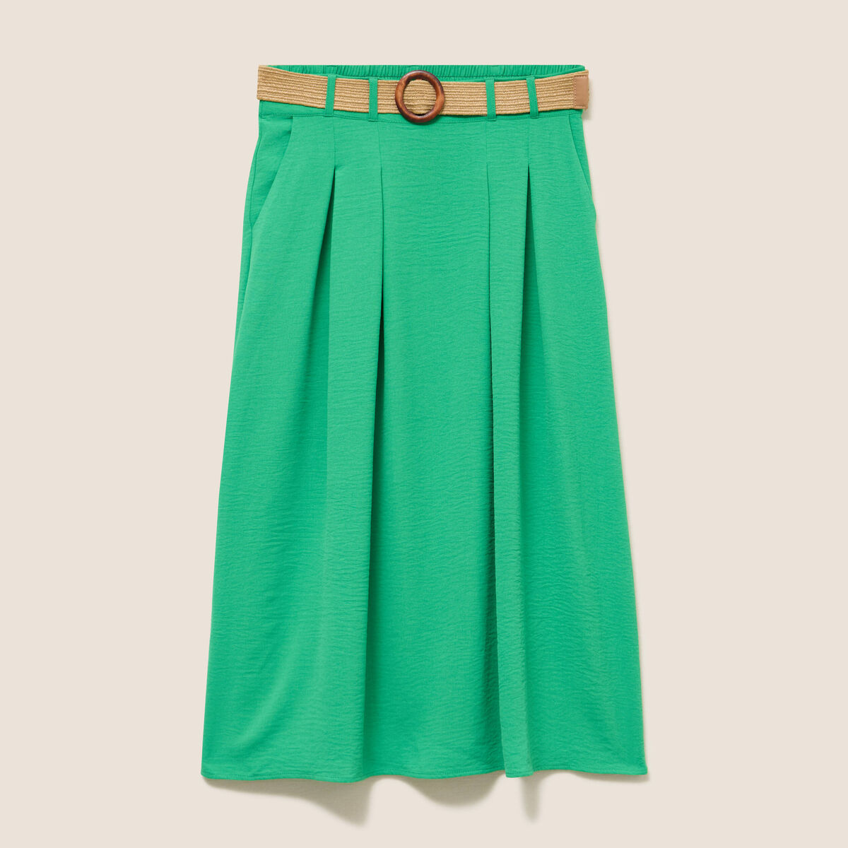 Jupe longue évasée ceinturée vert femme