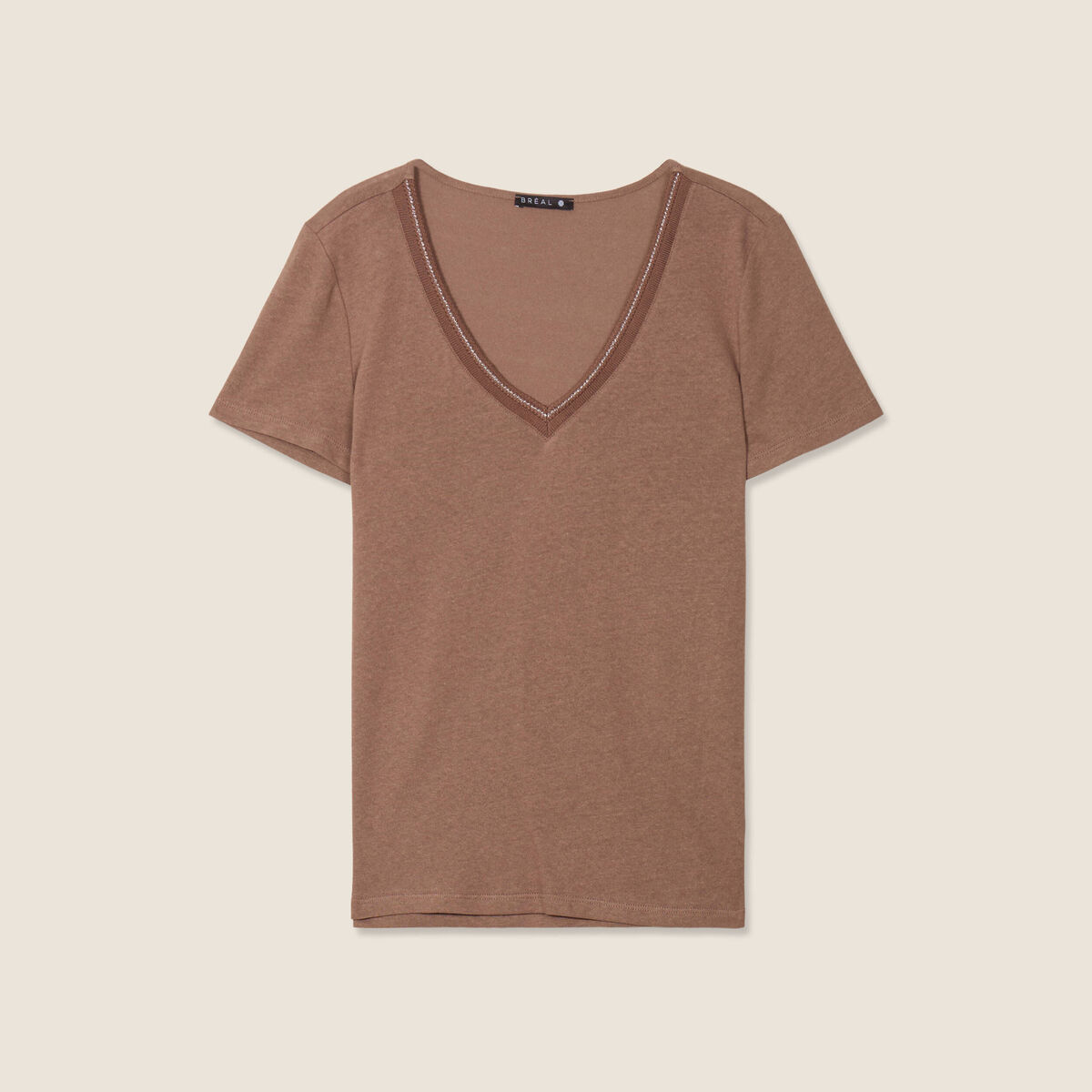 T-shirt manches courtes col en V marron cognac femme