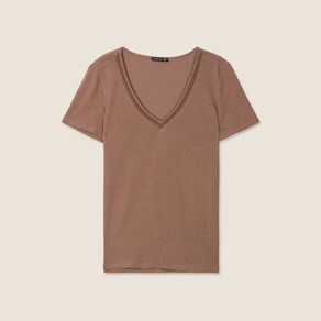 T-shirt manches courtes col en V marron cognac femme