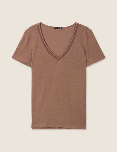 T-shirt manches courtes col en V marron cognac femme