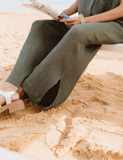 Pantalon large taille haute pliss&eacute; vert kaki femme