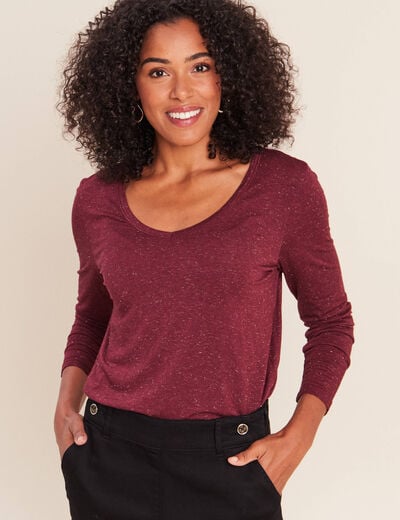 T-shirt ajust&eacute; col v manches longues bordeaux femme