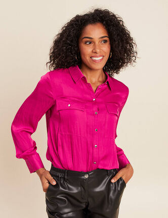 Chemise satin&eacute;e manches longues rose fushia femme