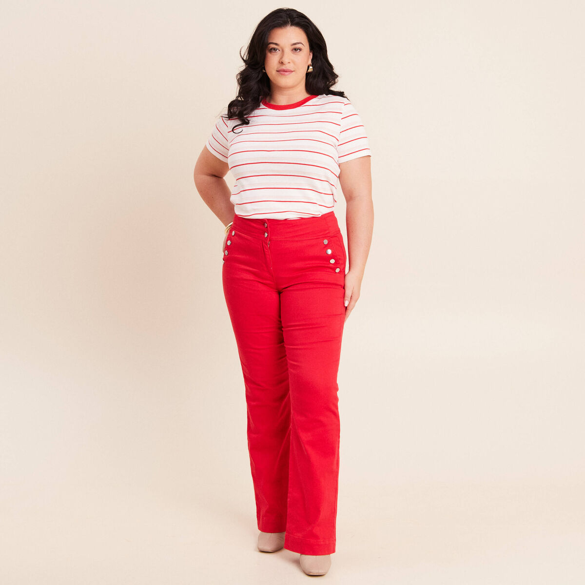 Pantalon coupe bootcut &agrave; pont rouge fluo femme