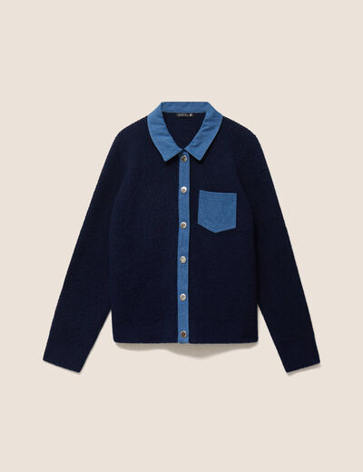 Veste col chemise manches longues bleu fonc&eacute; femme