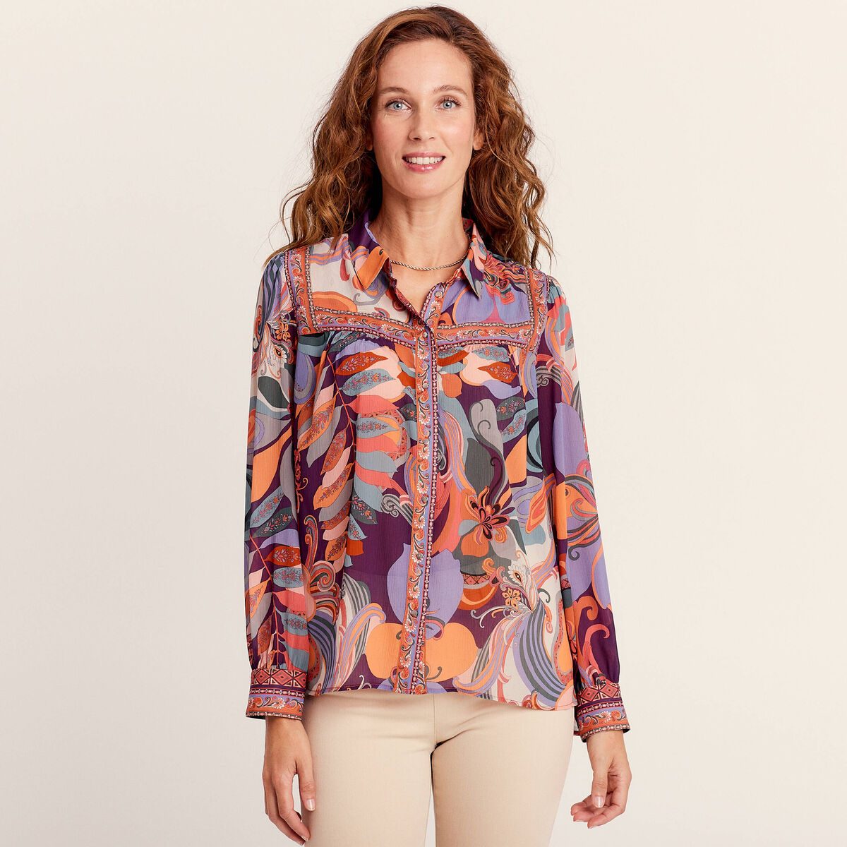 Chemise manches longues fluide orange femme