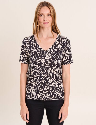 T-shirt col V manches courtes noir femme